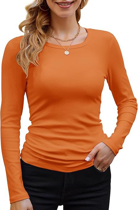 Ribbed Cotton Long Sleeve T-Shirt Women Solid Color Round Neck Slim Fit