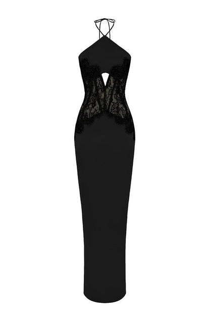 New sexy lace splicing hip skirt temperament neck high waist halter dress