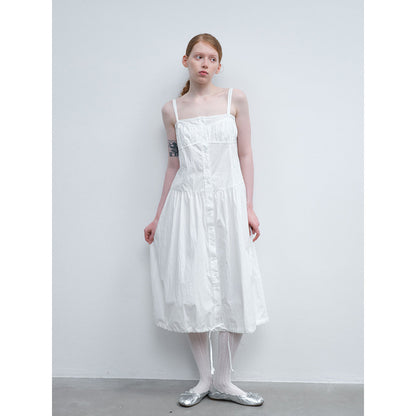 Summer new casual one-word collar pleated design sense solid color lace-up long suspender skirt