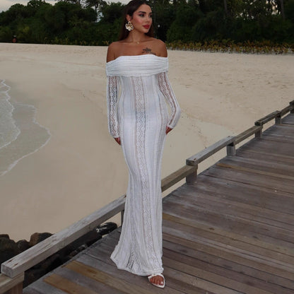 Women's new sexy one-word shoulder dress fashionable slim-fit lace hollow long-sleeved autumn and winter hip skirt