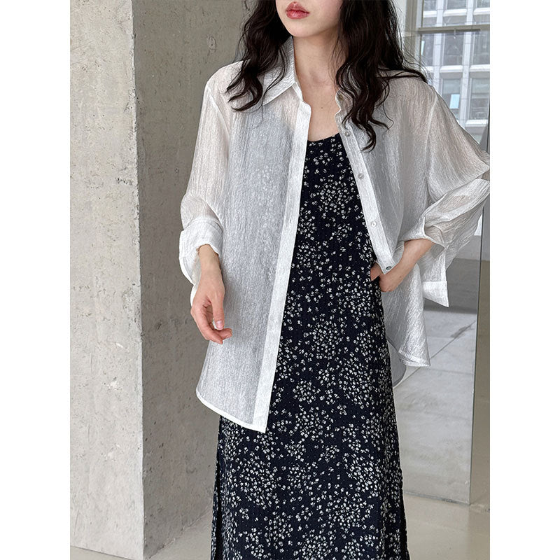 Korean simple texture glossy see-through shirt women's summer new sunscreen pearlescent cardigan jacket