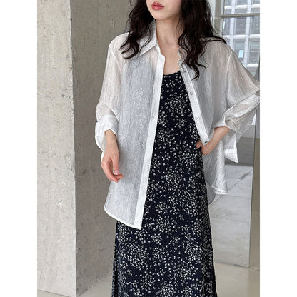 Korean simple texture glossy see-through shirt women's summer new sunscreen pearlescent cardigan jacket