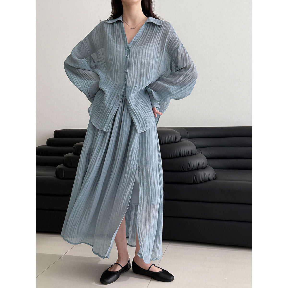 Lazy pleated shirt jacket + skirt women's spring new casual two-piece set