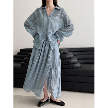 Lazy pleated shirt jacket + skirt women's spring new casual two-piece set