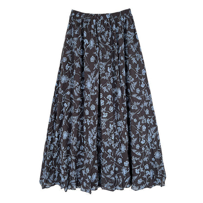 Retro floral skirt women's summer new loose pleated drape high waist a-shaped skirt umbrella skirt