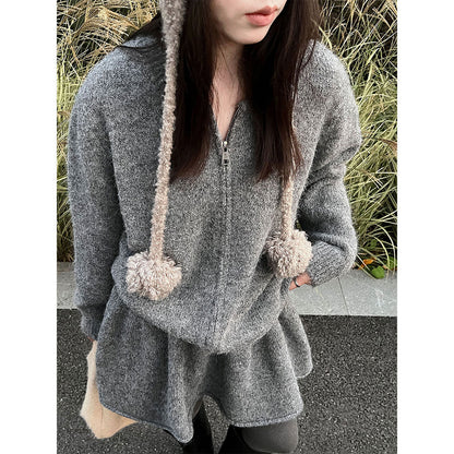 Korean soft waxy casual knitted sweater set for women's winter new curled A-word short skirt two-piece set