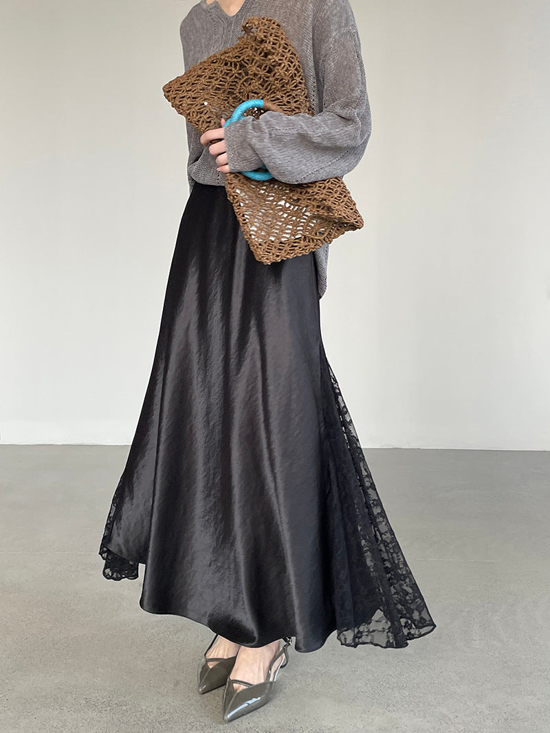 Satin Lace Large Swing Maxi Skirt