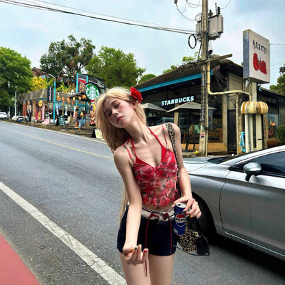 Red Floral Lace Mesh Cami Top