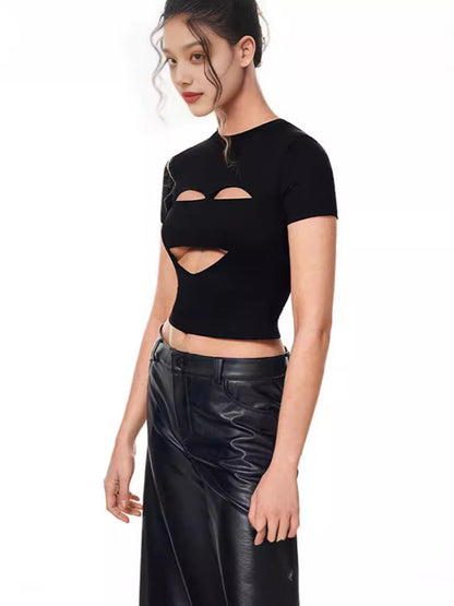 T-shirt short sleeve ripped sexy crew neck slim top bottoming shirt slim fit