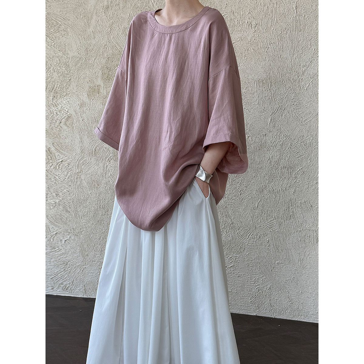 Lazy wind simple loose round neck T women's summer new back strap five-quarter sleeve short-sleeved top