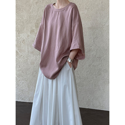 Lazy wind simple loose round neck T women's summer new back strap five-quarter sleeve short-sleeved top