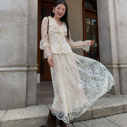 High-waisted A-shaped long embroidered lace skirt