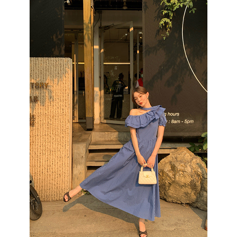 Temperament slanted shoulder ruffle edge neck plaid dress