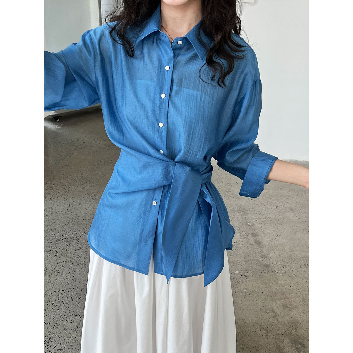 French hem strap-up Tencel acetate sunscreen shirt women's summer new light and thin long-sleeved shawl