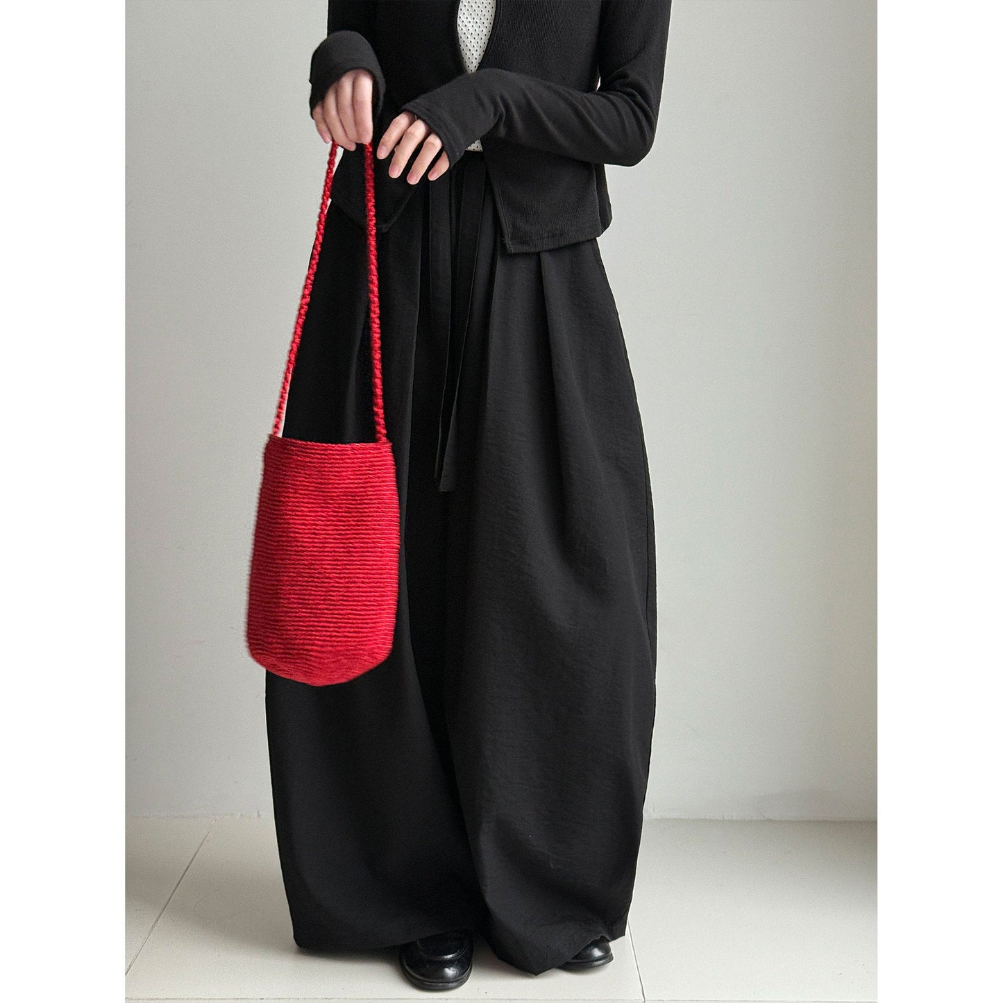 Japanese simple elastic waist drawstring hanging casual pants women's early spring new loose wide-leg trousers