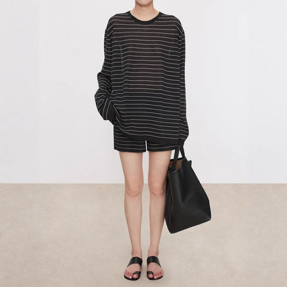 Striped Sweater Set Women Loose Fit Round Neck Long Sleeve Triacetate Cotton