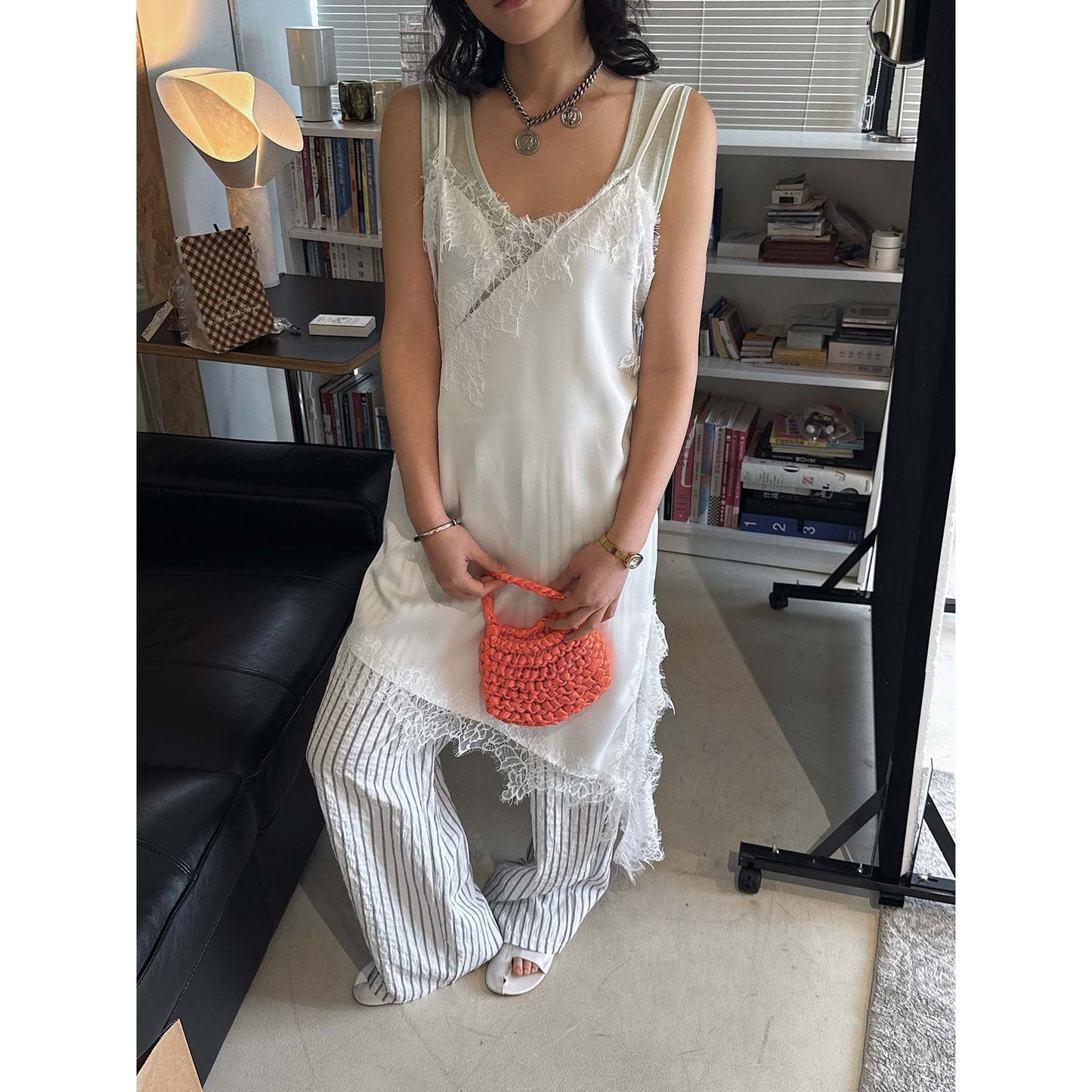 New French temperament V-neck eyelash lace slim primer suspender asymmetrical hem top women
