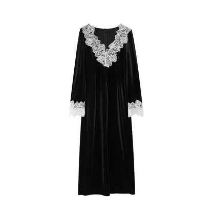 Yuan Hepburn temperament lace v-neck velvet dress