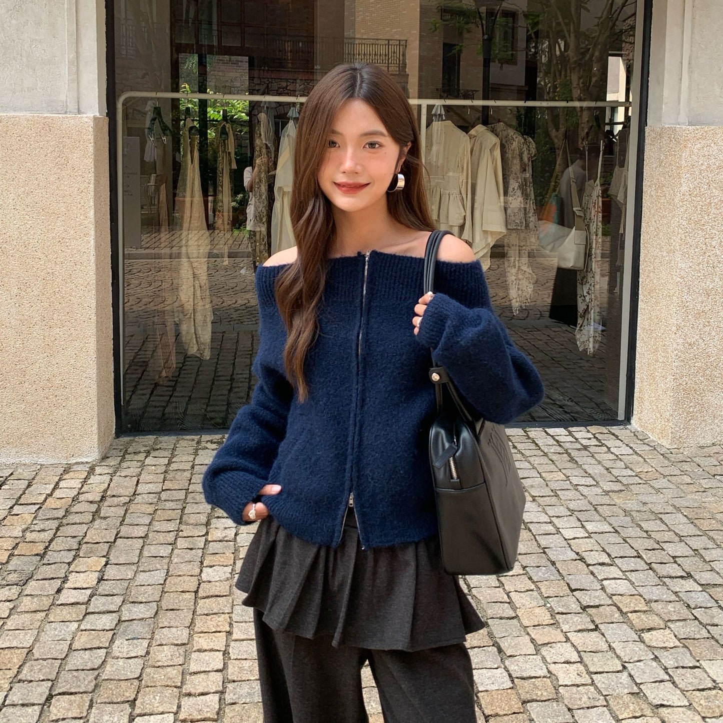 Zipper knitted cardigan one-word shoulder sweater