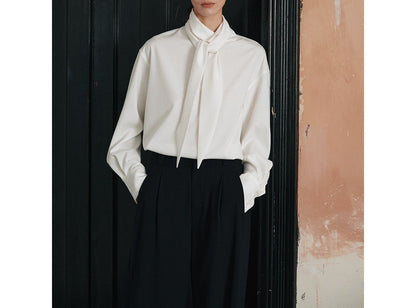 Lapel Long Sleeve Shirt Women Slim Fit Solid Color Tie-Front Top