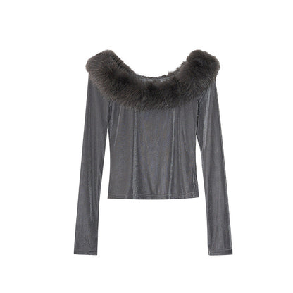 Spice Girl Pure Desire Long Sleeve Off-Shoulder Fur Collar Slim-Fit Bottom Shirt