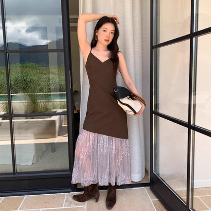 Temperament sequined splicing hem suspender dress