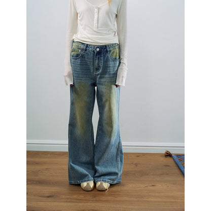 Spring casual high-waisted retro nostalgic easy versatile flared denim trousers