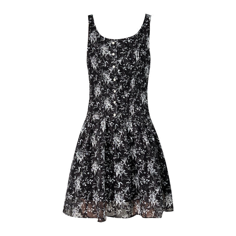Korean simple floral temperament sundress summer new style with strap waist sleeveless dress