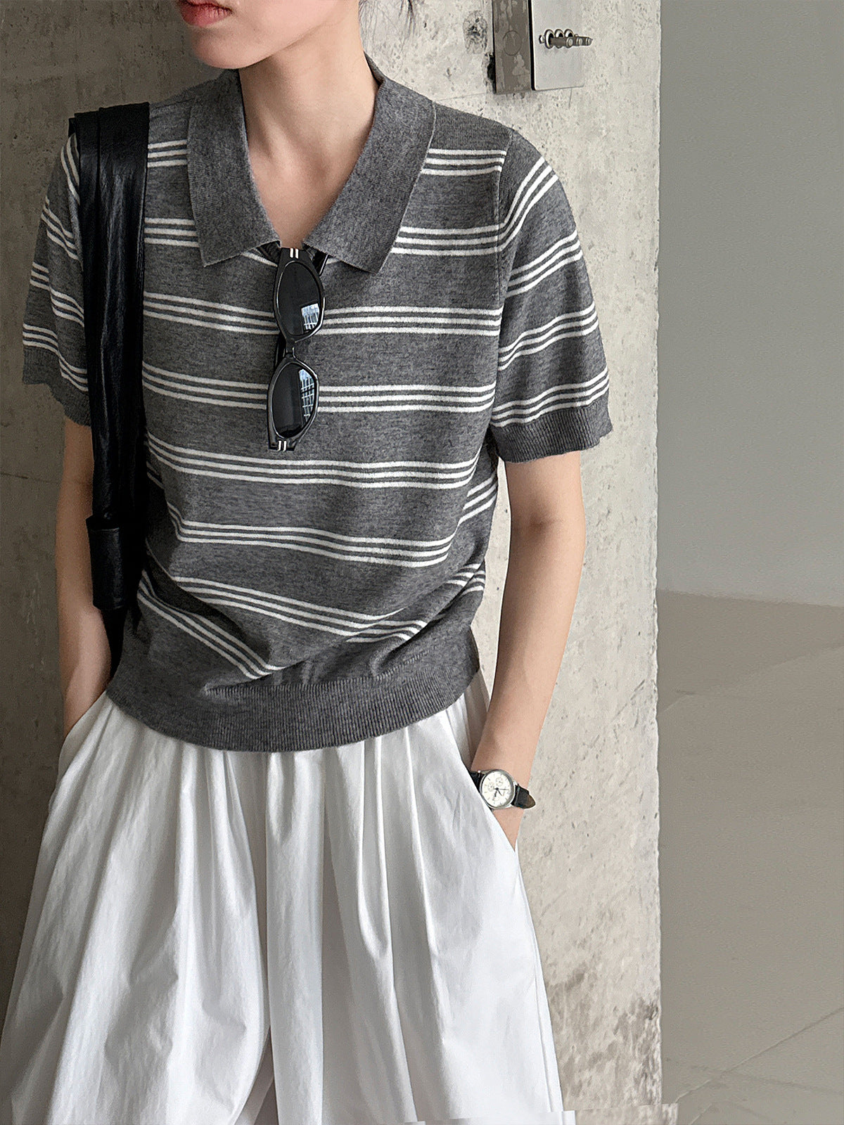 Korean striped lapel neck knitted sweater top women's autumn new contrasting color casual commuter short sleeve Tss746