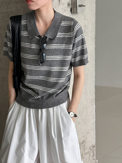 Korean striped lapel neck knitted sweater top women's autumn new contrasting color casual commuter short sleeve Tss746