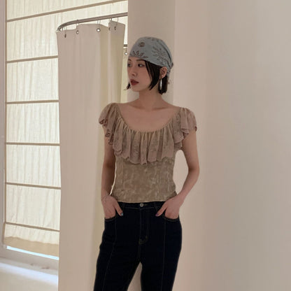 Slim-fit backless sexy ruffle-edged lace shirt top