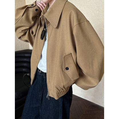 Autumn Maillard coat women's lapel shoulder zipper design loose versatile long-sleeved jacket