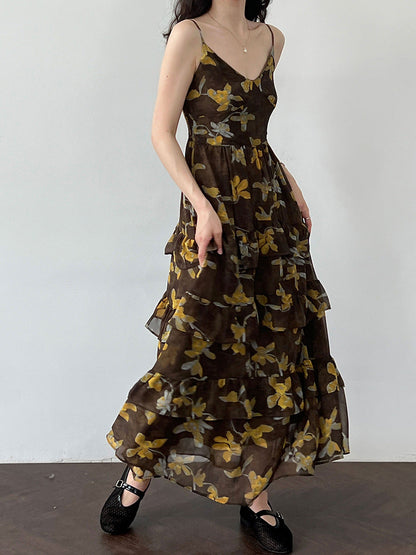 French elegant blended floral V-neck sundress women's summer new waist lace sundress
