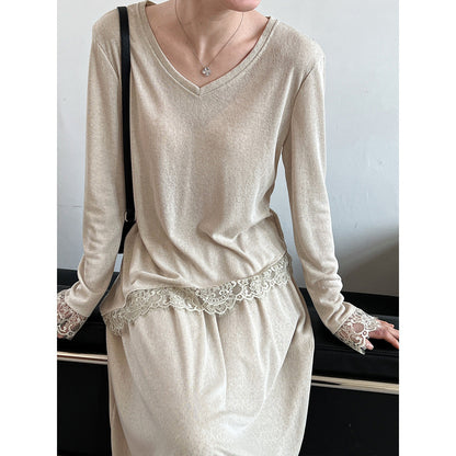 Giant Skinny Set~ Korean Lazy Slack Slant Hoop Lace Top + Skirt Two-piece Set