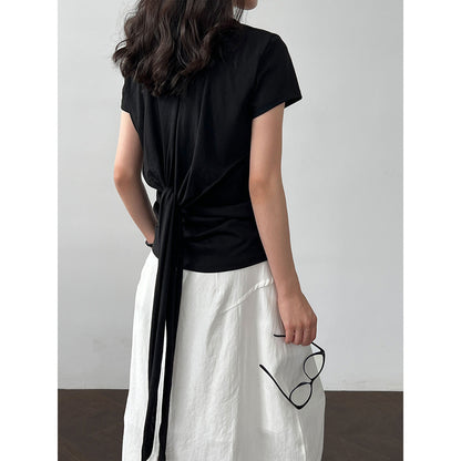 Korean version strap waist T-shirt women's summer new casual round neck versatile short-sleeved front shoulder top