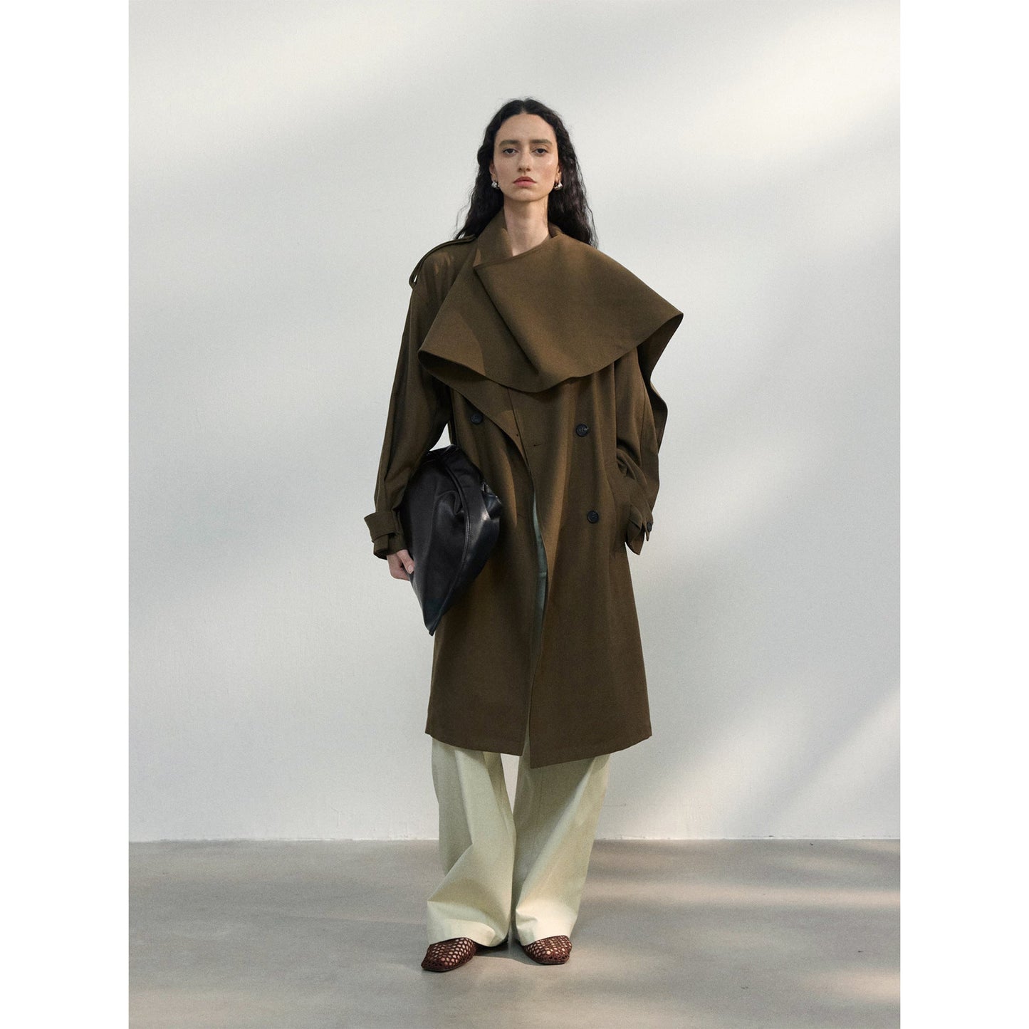 Spring new Tencel linen scarf collar cotton and linen blended large profile trench coat