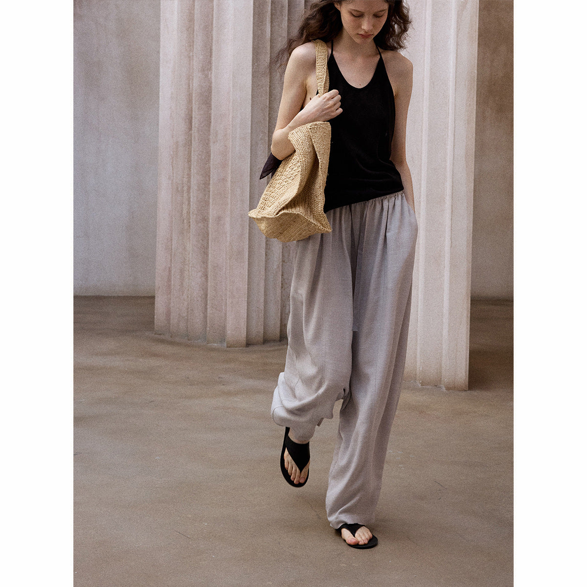 Summer cool and breathable linen imitation denim elastic waist commuting versatile casual balloon pants