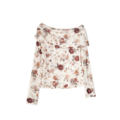 French coffee break beautiful and thin slim one-word shoulder floral bottoming shirt