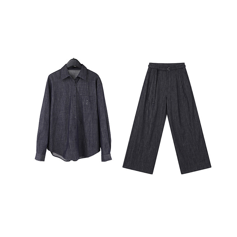 Washed denim shirt + trousers two-piece set