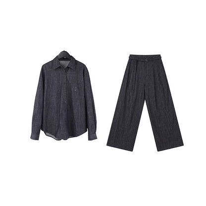Washed denim shirt + trousers two-piece set