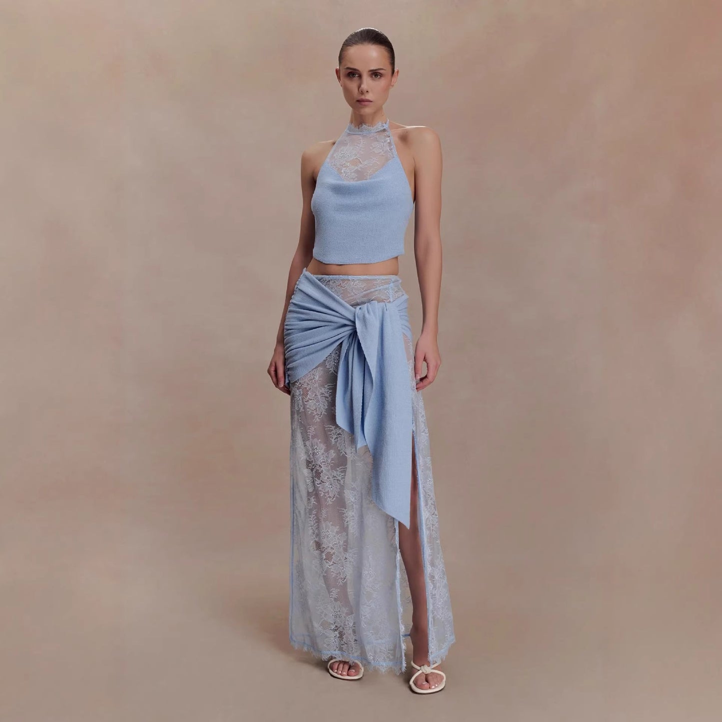 Beach vacation style sexy hollow lace skirt set swing collar top skirt two-piece set