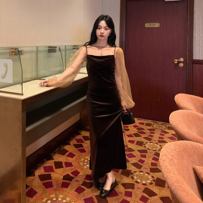 Women's Off-Shoulder High-Waist Slim Velvet Sleeveless Maxi Dress