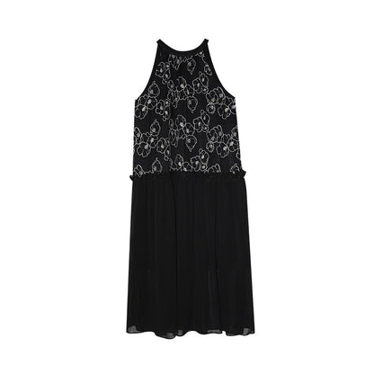 Women's Halter Neck Mesh Jacquard Sleeveless A-Line Maxi Dress