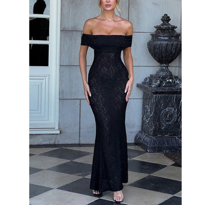 Spot new fashion lace one-word shoulder dress halter hot girl sexy tube top dress