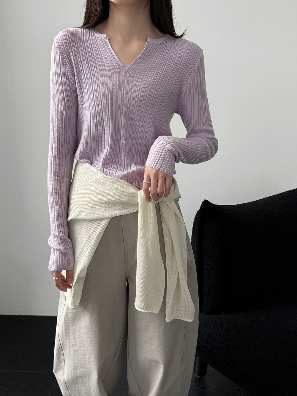Pit strip knitted sweater women's spring new thin niche bottoming shirt with top T-shirt