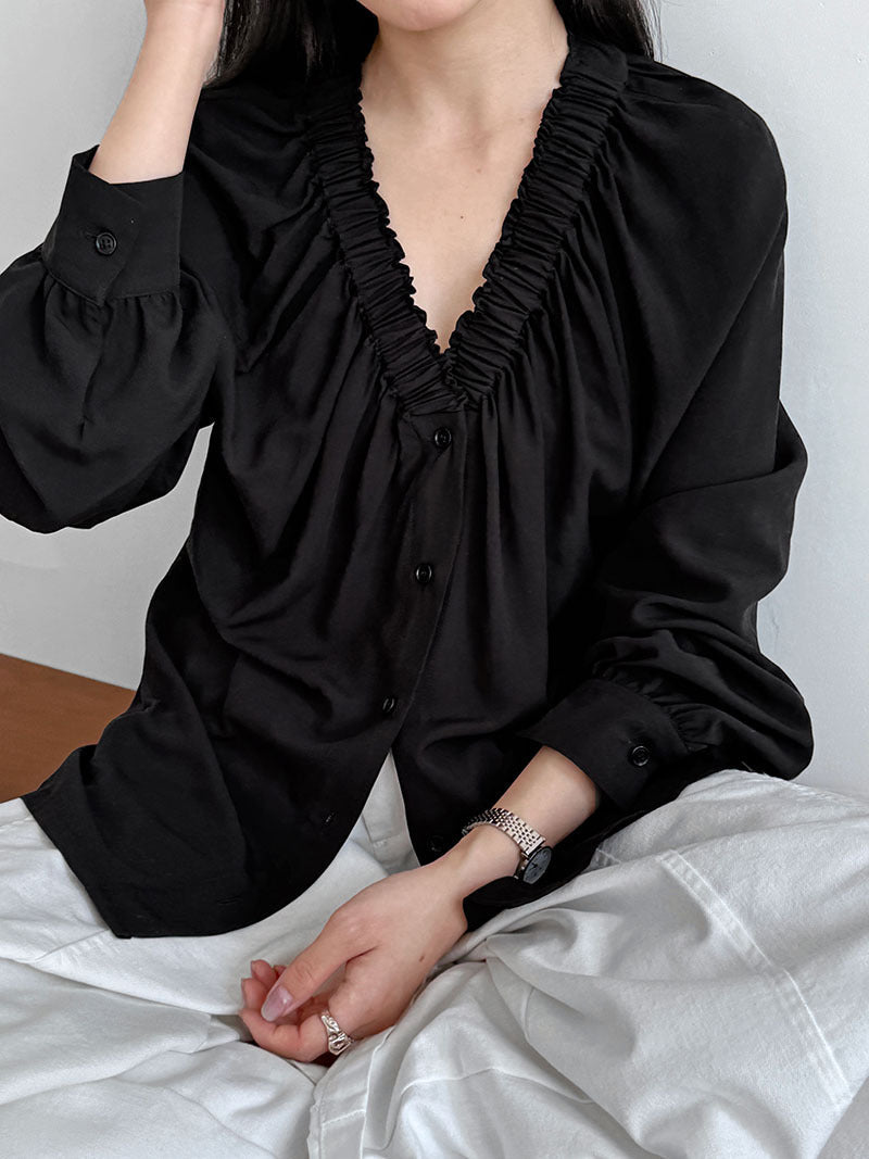 Korean temperament pleated V-neck loose shirt spring new commuter cool sunscreen long-sleeved shirt
