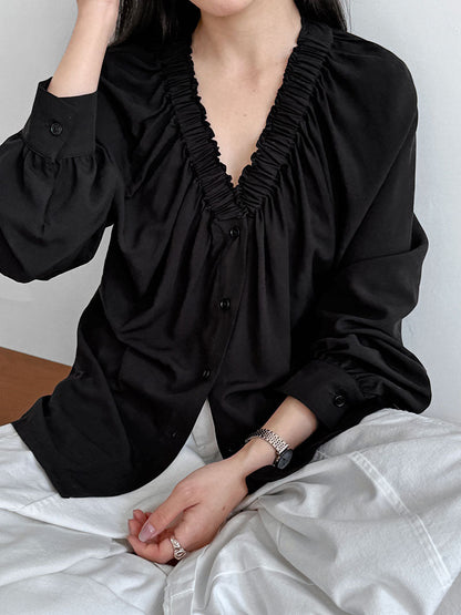 Korean temperament pleated V-neck loose shirt spring new commuter cool sunscreen long-sleeved shirt