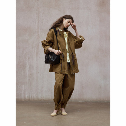 Washed cotton contrasting color drawstring loose round neck autumn new retro commuter jacket