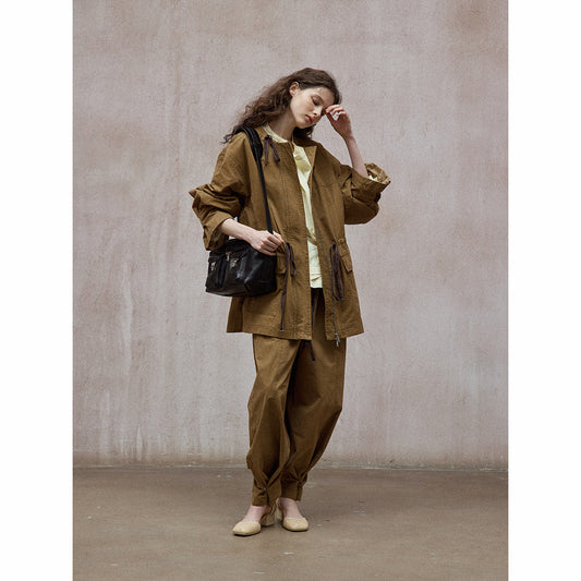 Washed cotton contrasting color drawstring loose round neck autumn new retro commuter jacket
