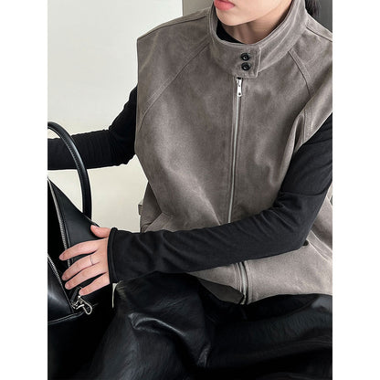 Korean new stand-up collar casual suede vest women stacked wear autumn and winter design sense versatile coat